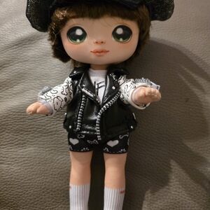 Cute Doll in Black Faux Leather Moto Vest and Black Heart Shorts